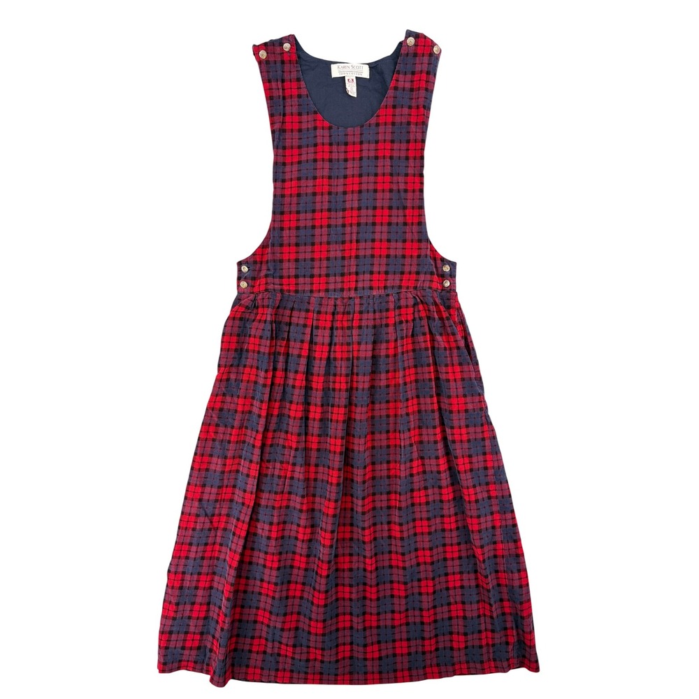 Vintage Karen Scott 90s Red Plaid Corduroy Jumper Maxi Dress Womens 12 Preppy